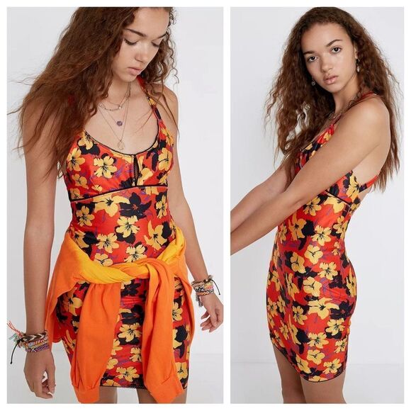 Urban Outfitters Racerback Bodycon Dress Vibrant Hibiscus Floral Bright Small - Picture 4 of 11